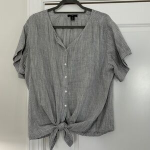Gap Navy Blue & White Button Down Short Sleeve Tie Front Blouse